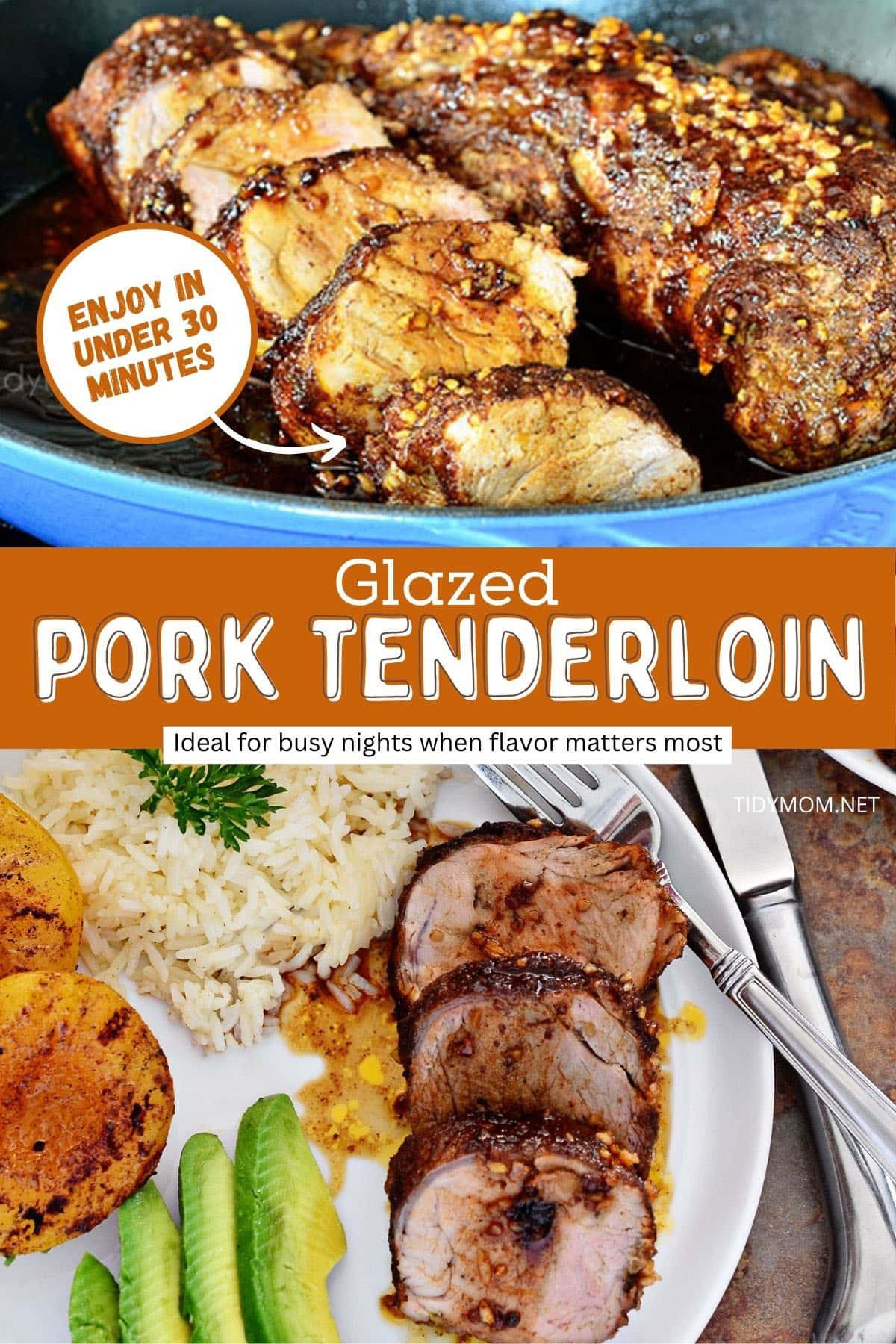 cooked pork tenderloin in a skillet and plated