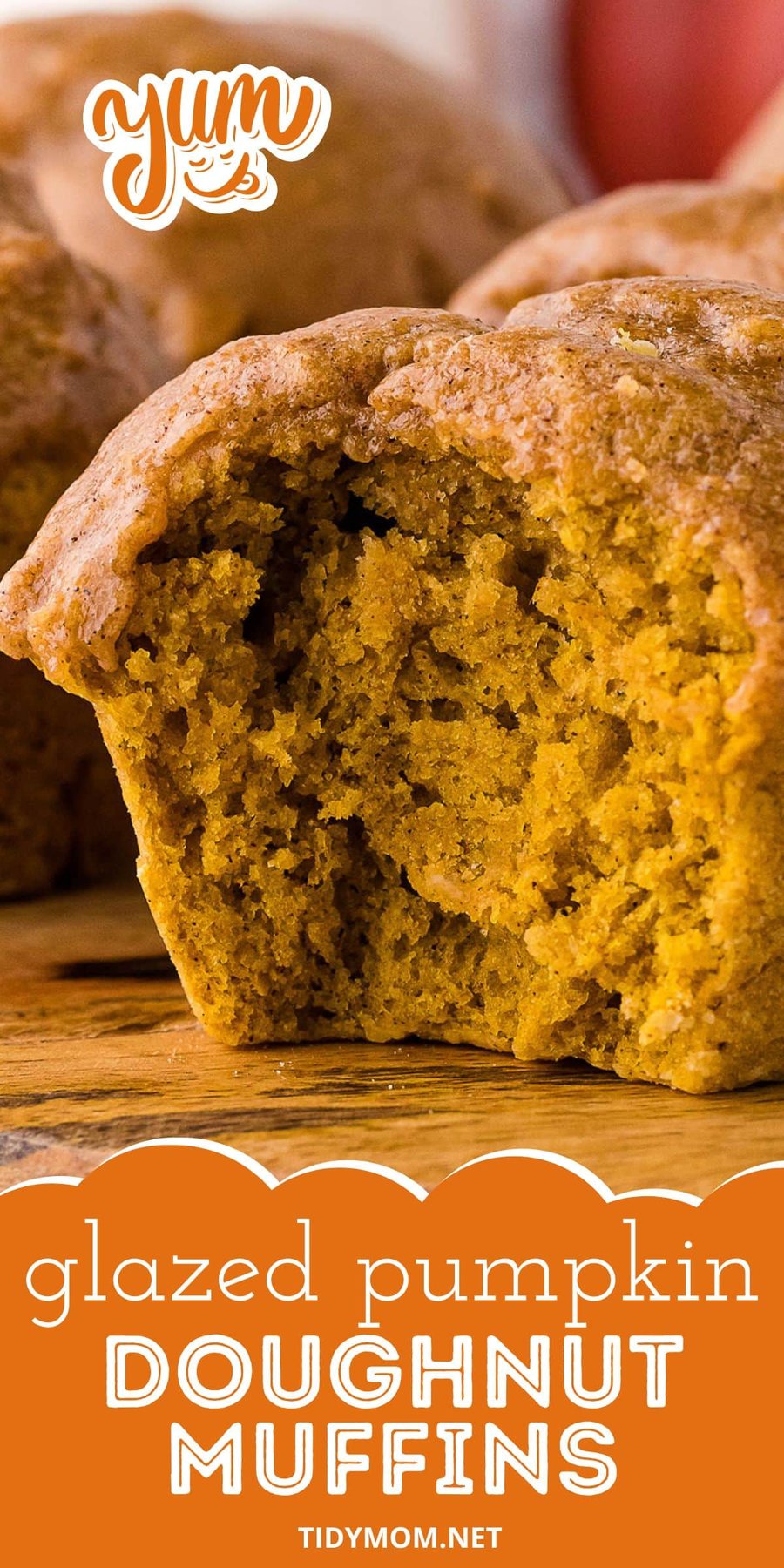 Pumpkin close up of Glazed Doughnut Muffin with bite taken