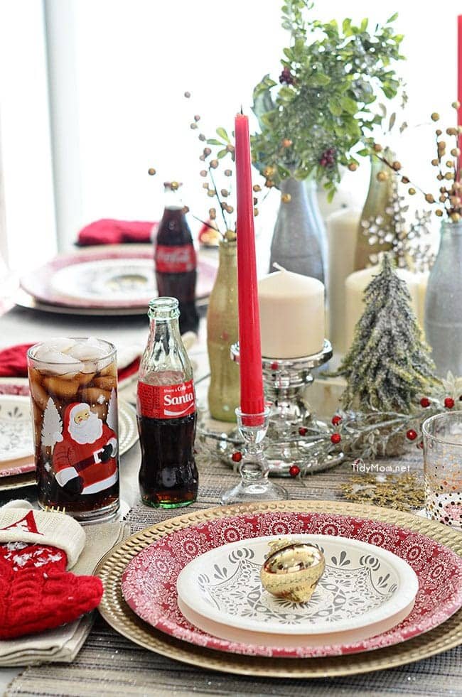 Use empty Cocoa Cola bottles as a pretty holiday table centerpiece. Just paint with glitter spray paint and add some holiday florals, and arrange on a tray. Easy and costs almost nothing! details at cetcu.com
