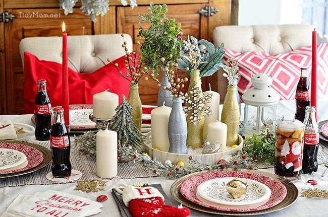 Use empty Cocoa Cola bottles as a pretty holiday table centerpiece. Just paint with glitter spray paint and add some holiday florals, and arrange on a tray. Easy and costs almost nothing! details at cetcu.com