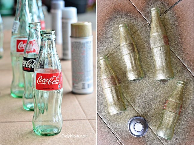 Use empty Cocoa Cola bottles as a pretty holiday table centerpiece. Just paint with glitter spray paint and add some holiday florals, and arrange on a tray. Easy and costs almost nothing! details at cetcu.com