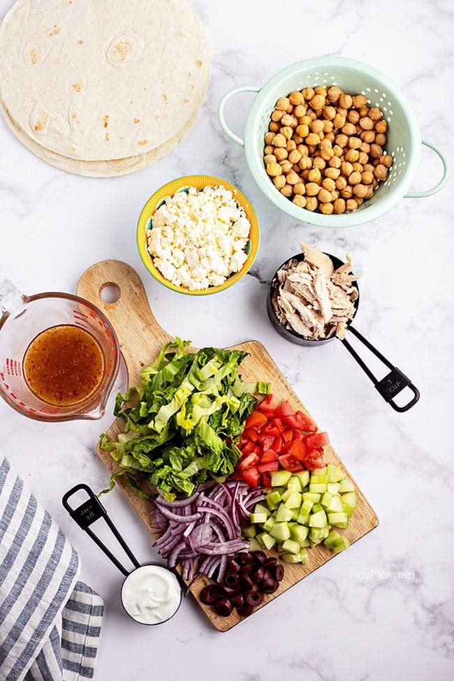 ingredients for a Greek chicken wrap