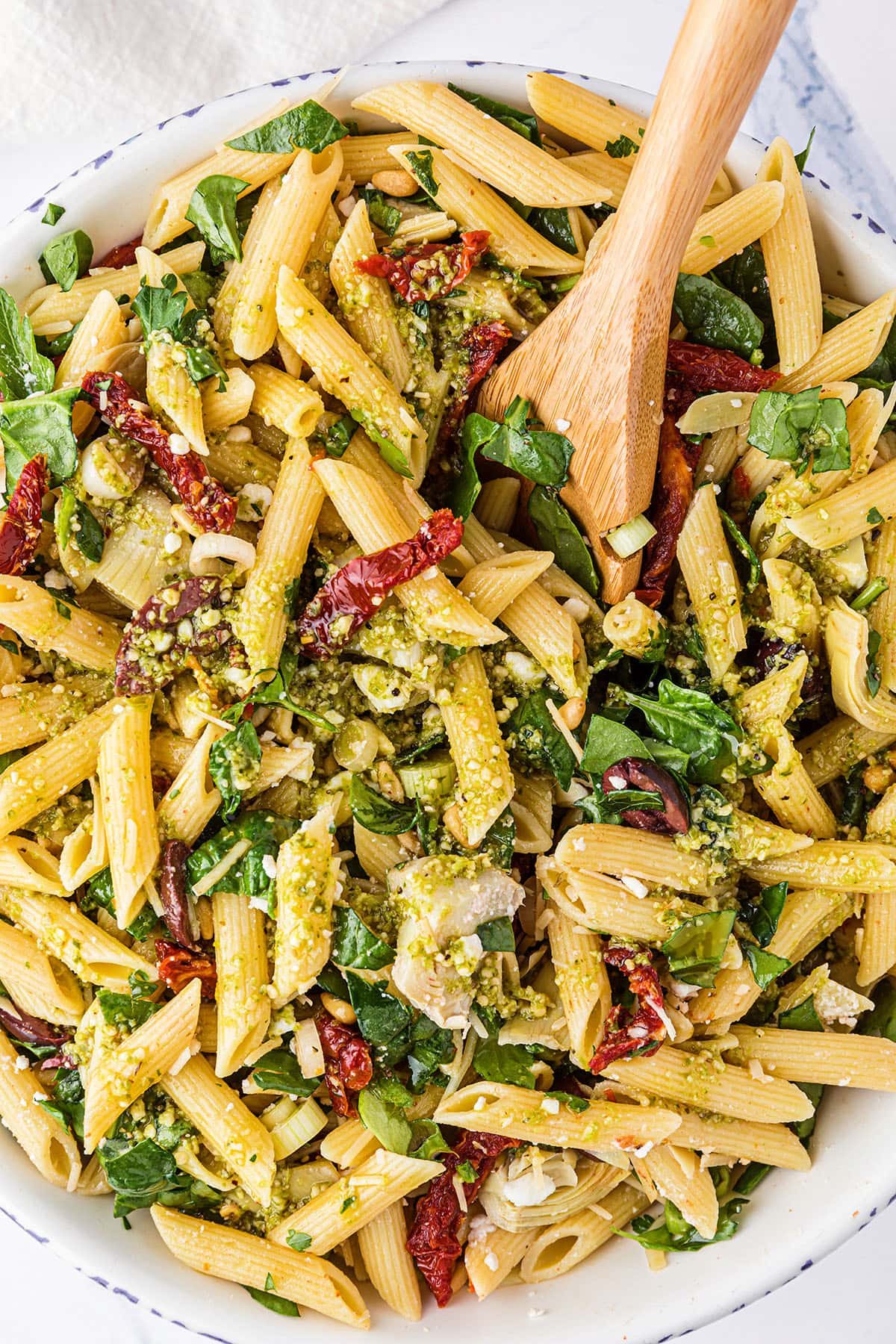 close up of a bowl of Greek Pasta Salad