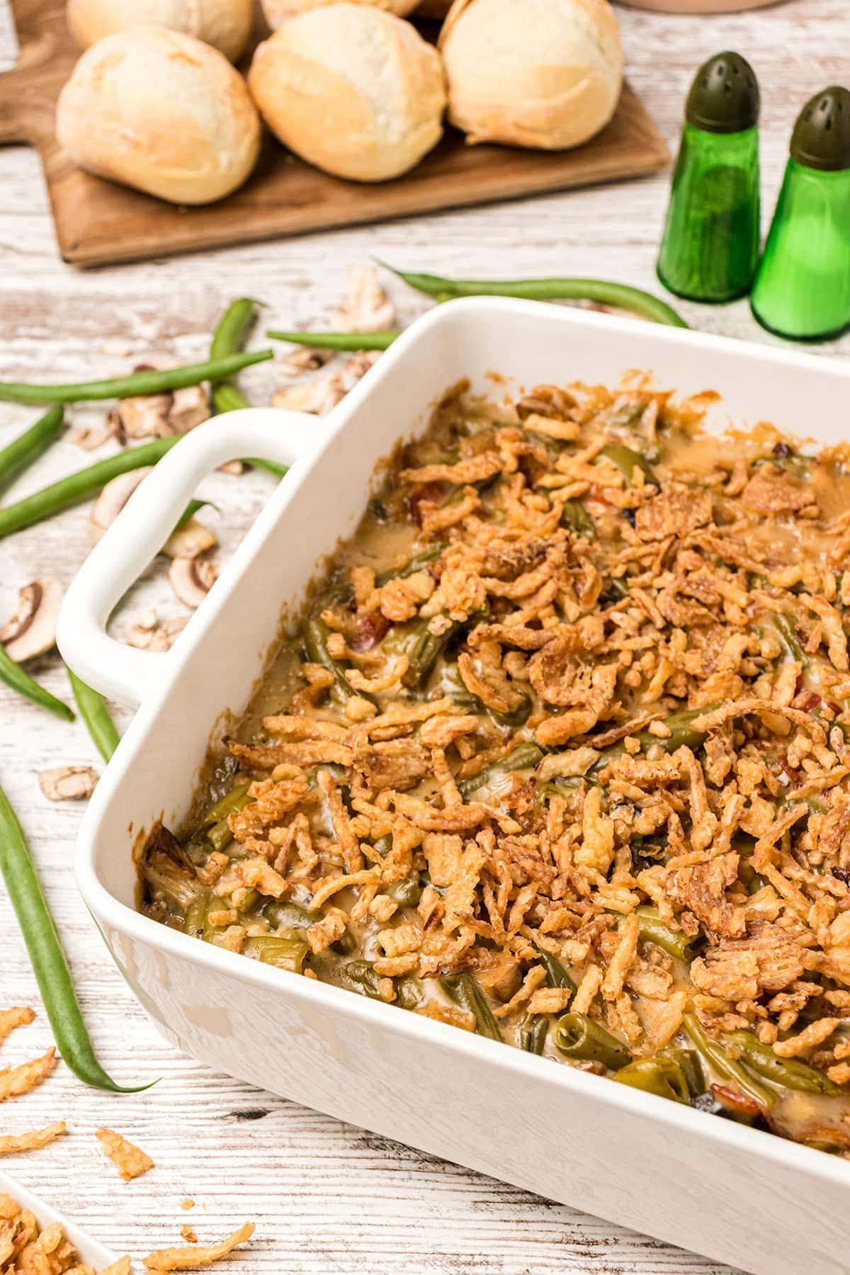 green bean casserole in a baking dish