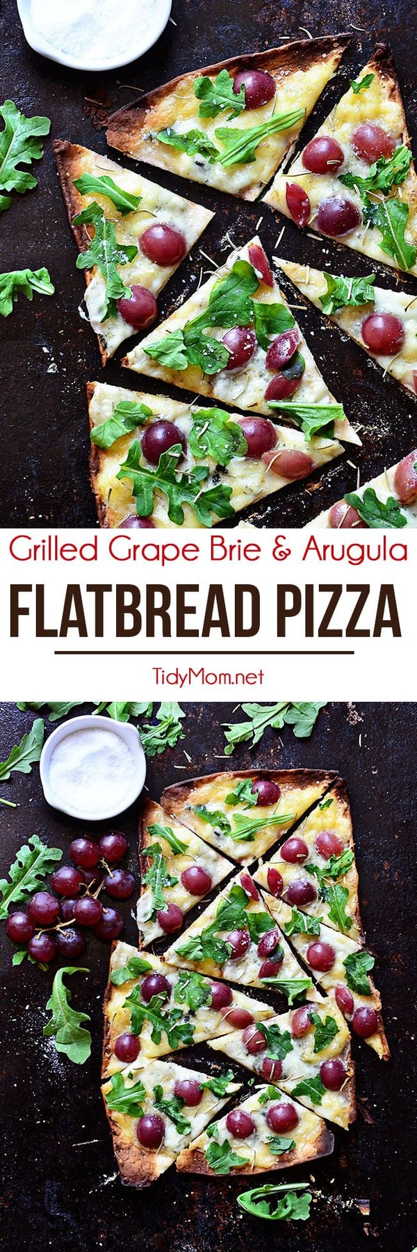 Grilled Grape Brie and Arugula Flatbread Pizza recipe at cetcu.com