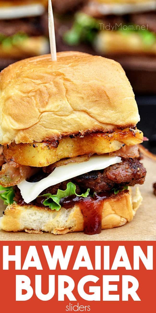 Hawaiian burger aloha sliders with cheese, bacon and pineapple