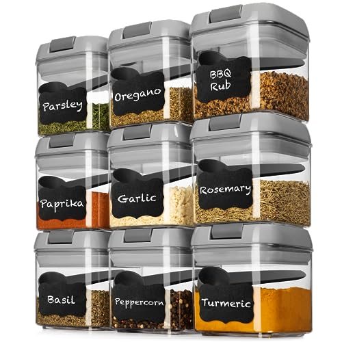 Mini Container Set + 9 Spoons, Labels & Marker - Durable Clear Plastic Food Storage Containers with Lids
