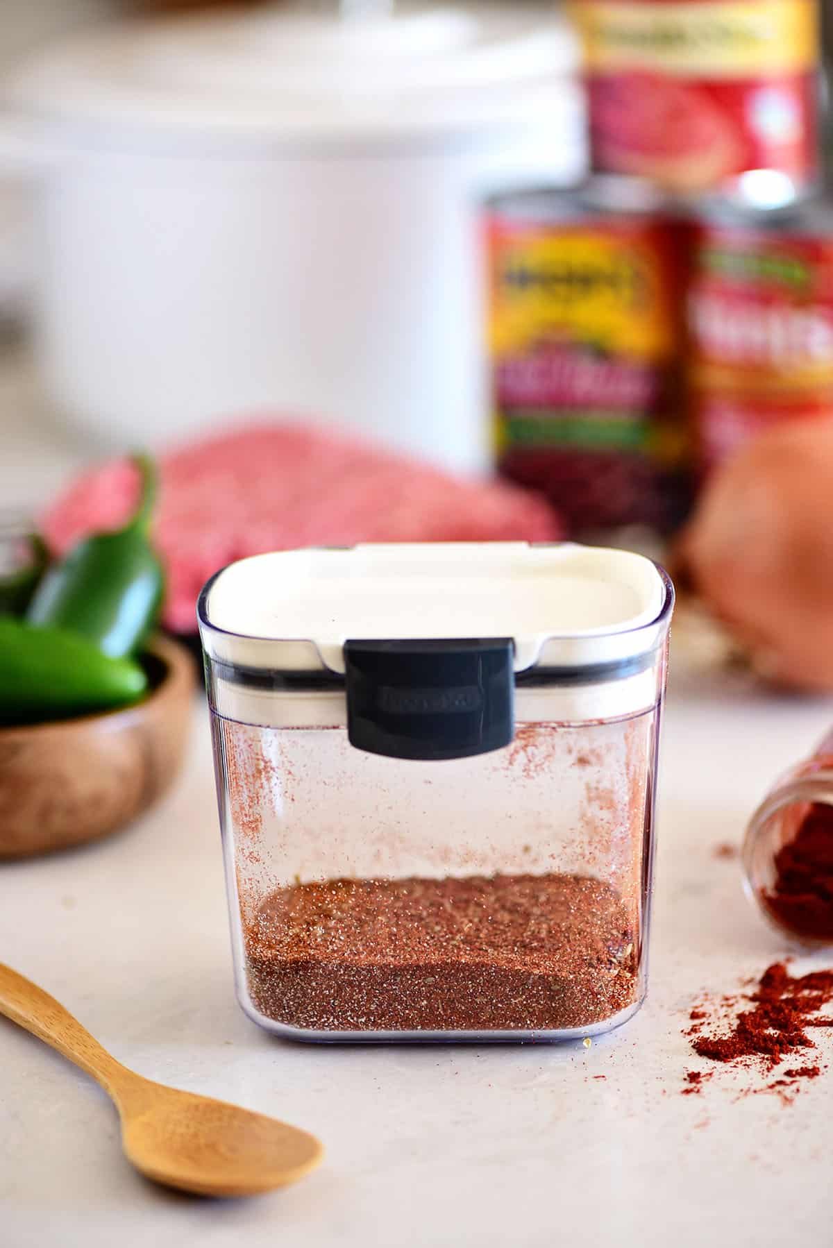 Homemade chili seasoning mix in an airtight container
