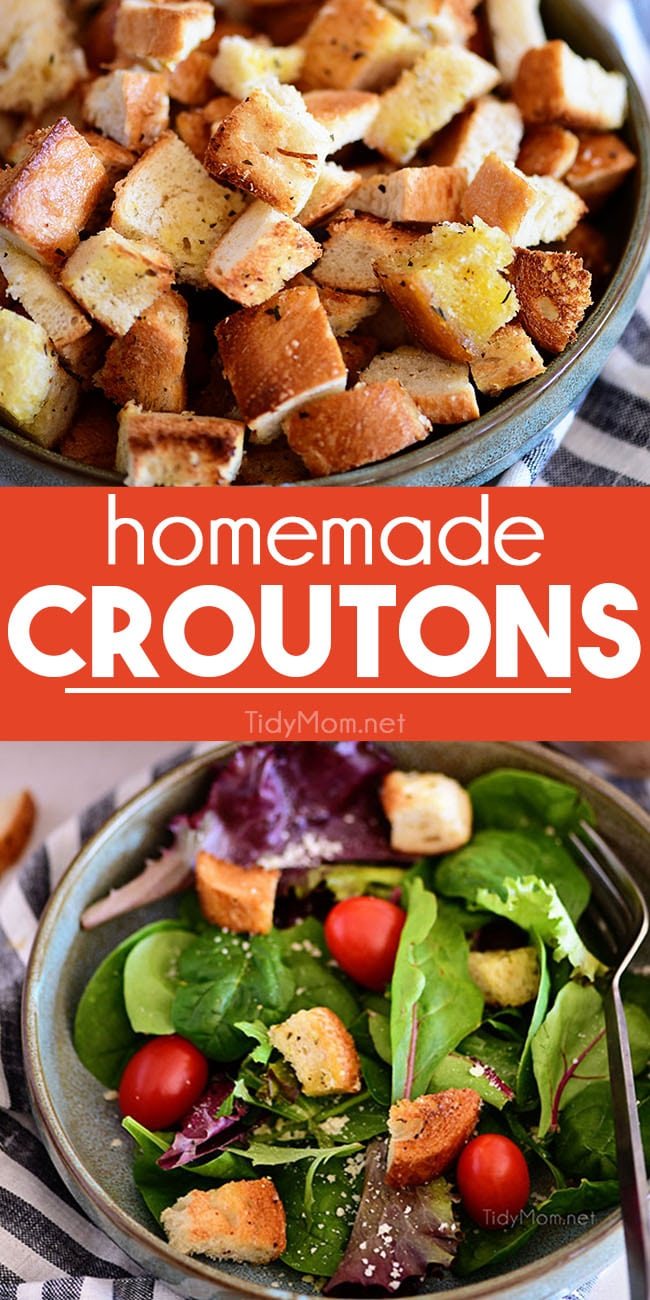 homemade croutons photo collage