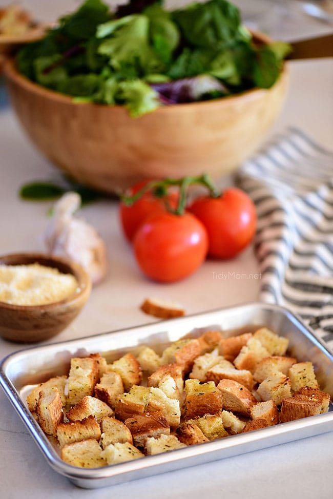 homemade croutons on a pan