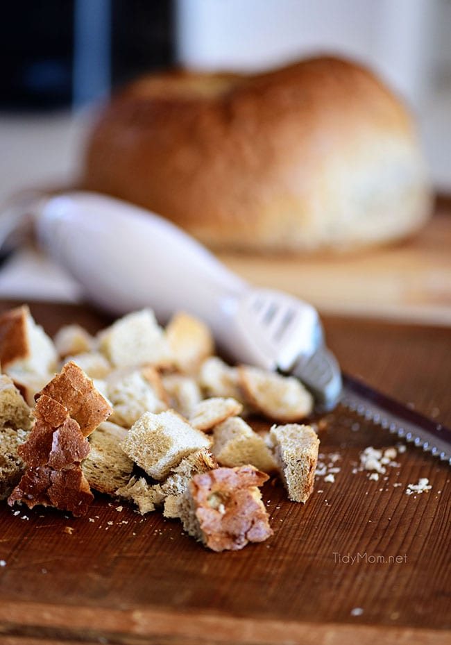 hearty bread cut into cubes with an electric knife