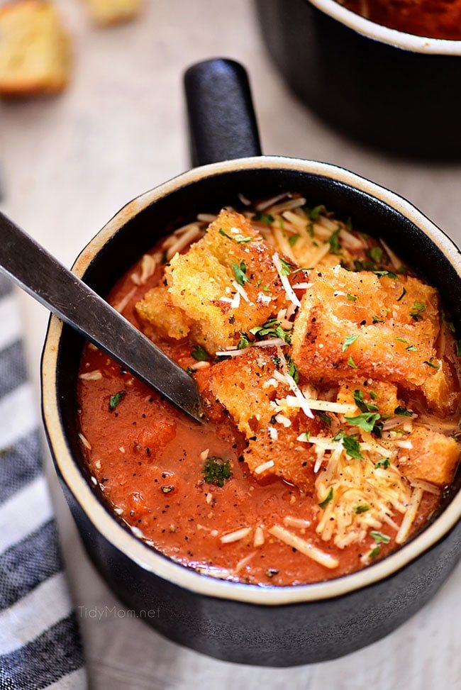 Roasted Tomato Soup in a black bowl