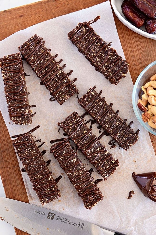 homemade energy bars with chocolate drizzle