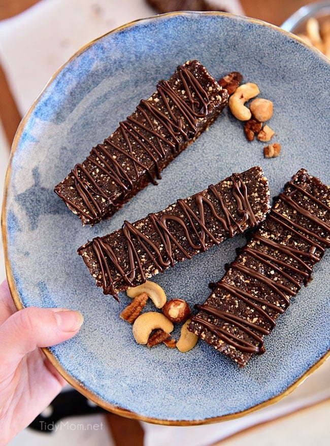 HOMEMADE HAZELNUT ENERGY BARS on blue plate