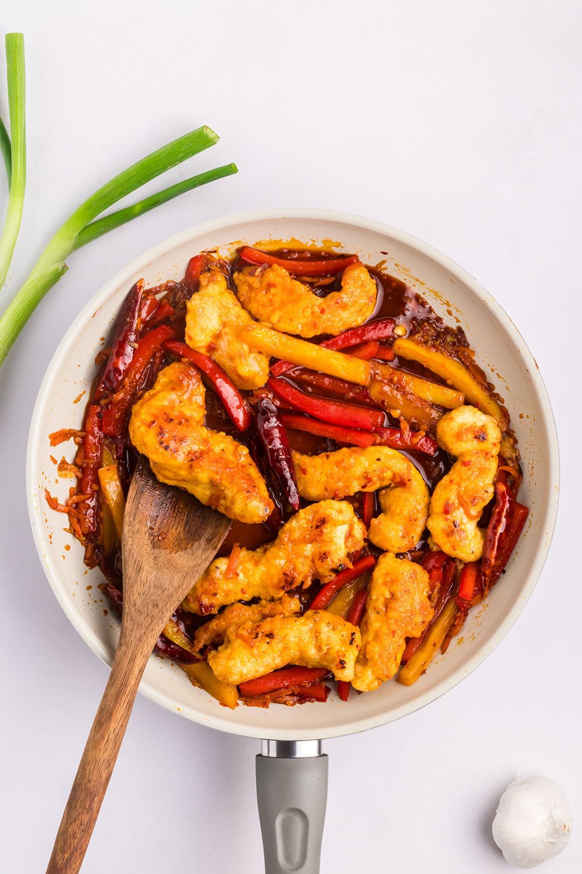 Asian chicken with veggies in a skillet