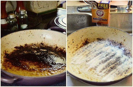 use baking soda to clean burnt pan