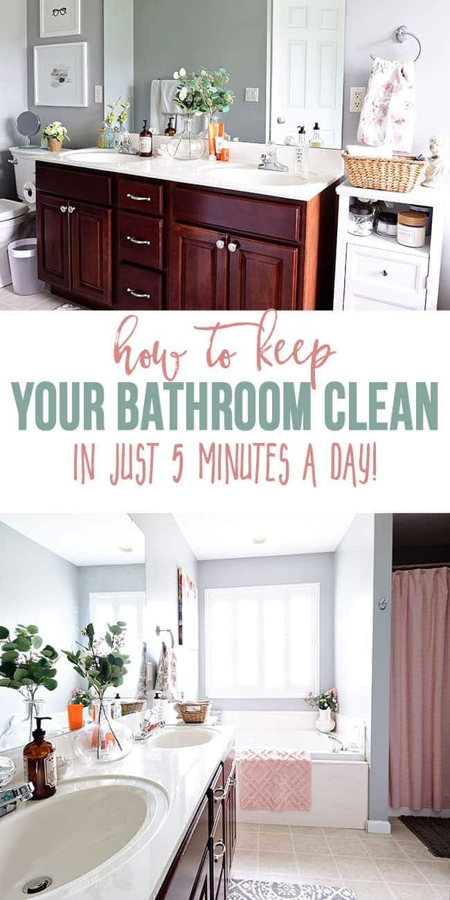 Do you dream of a bathroom that always sparkles? Want to learn how to keep your bathroom clean in 5 minutes a day? It's easy, I promise! It may sound like a chore to clean your entire bathroom every day, but there are 4 simple steps that can become a daily habit and only take a few minutes. Get all the cleaning details at cetcu.com #bathroom #cleaning #howto #housekeeping #tidymom