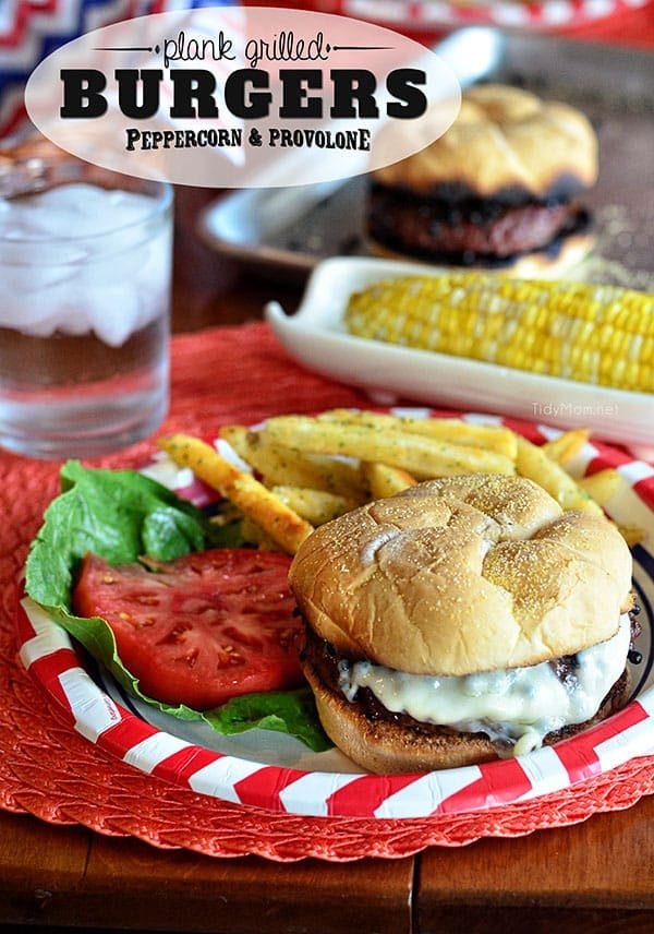 Plank Grilled Peppercorn and Provolone burgers. Recipe and video tutorial at cetcu.com