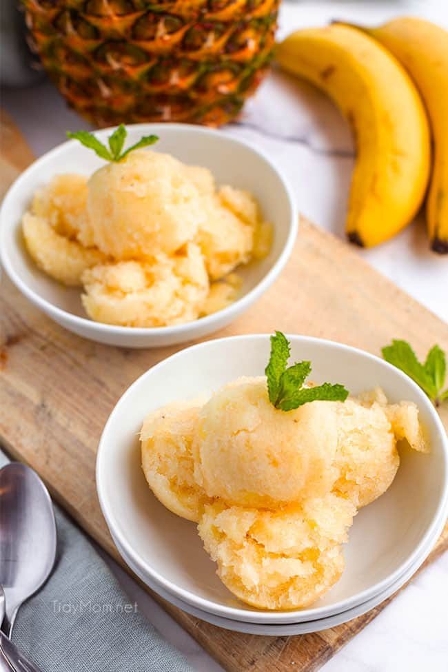 2 bowls of Banana Pineapple ITALIAN ICE with fresh mint