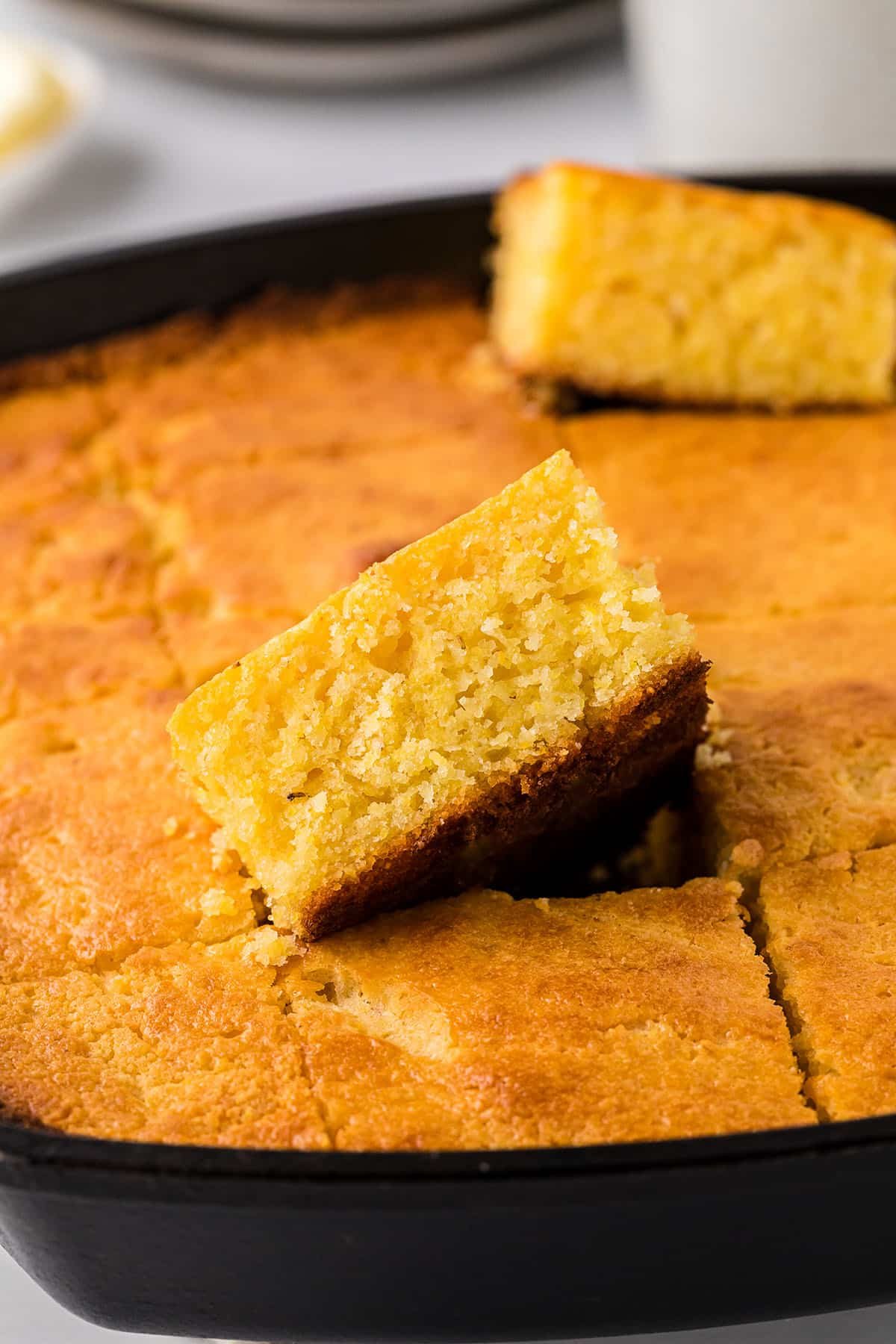 cornbread baked in a cast iron skillet