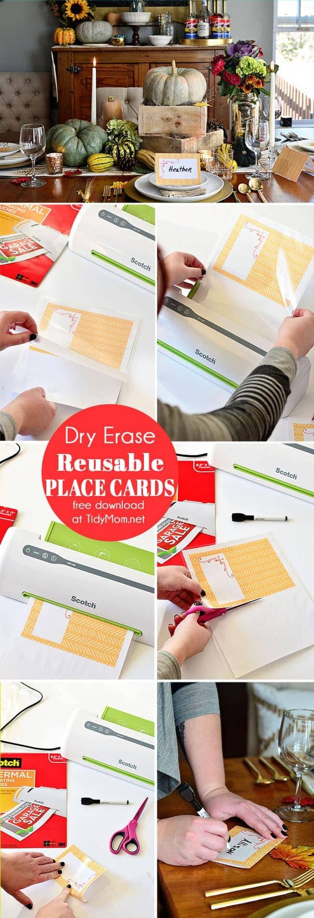 DIY Laminated Place Cards . Free printable at cetcu.com Perfect for Thanksgiving Christmas or any time of year. Use a dry erase marker and you can use them over and over again!