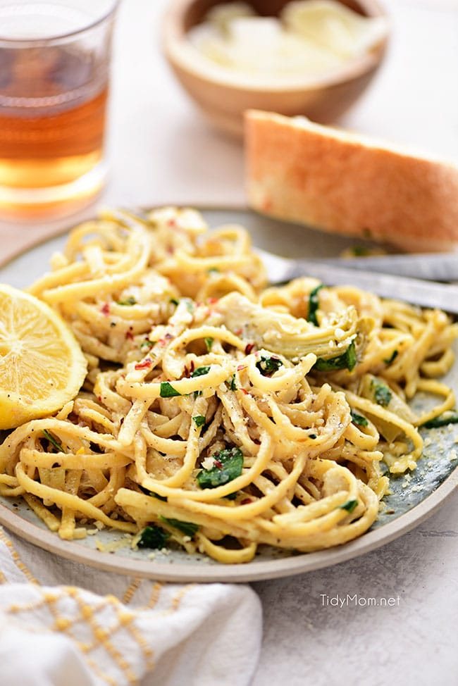 lemon artichoke pasta on a plate