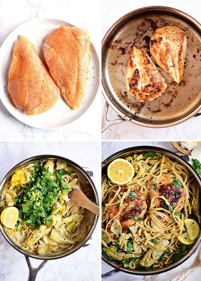 how to make lemon artichoke pasta with a chicken breast photo collage