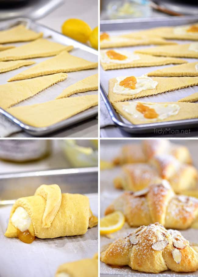 photo collage showing how to make lemon cheesecake crescent rolls