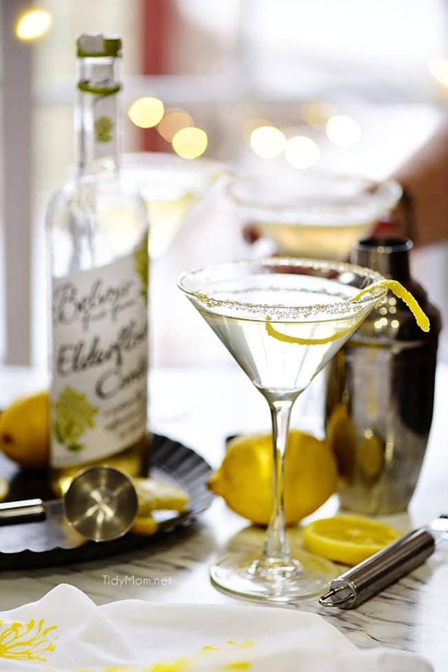 Lemon Drop Martini with elderflower cordial bottle