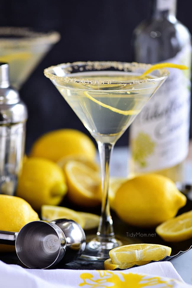 Lemon Drop Martini in a martini glass with lemon twist and sugar rim