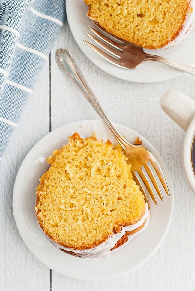 slice of pound cake on a plate with a fork