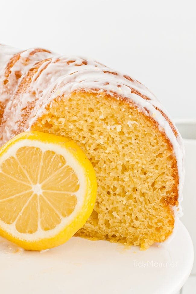close up of sliced lemon cake