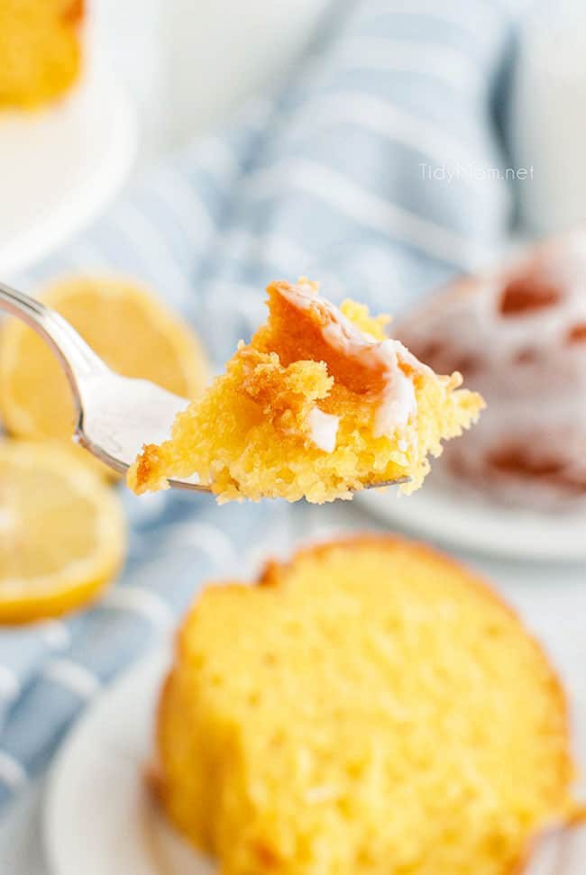 bite of lemon cake on a fork