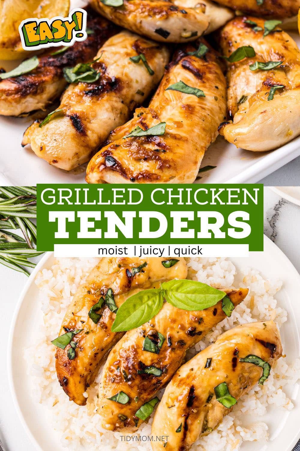 grilled chicken tenders photo collage on a white plate