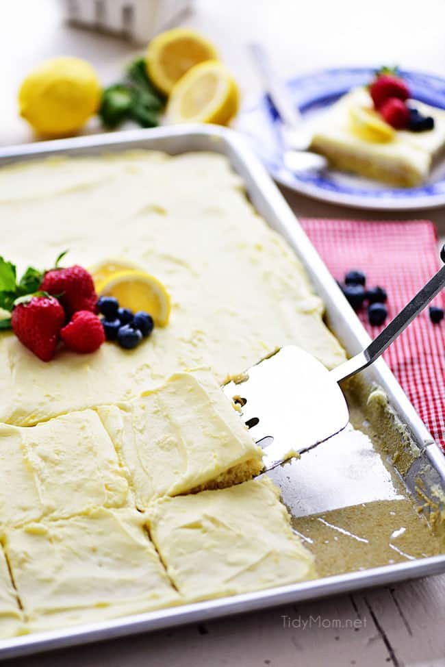 This no-fuss lemon sheet cake is super moist and makes a wonderful spring or summer dessert that easily feeds a crowd. It may not be a fancy cake, but each slice is pure lemon bliss! print full recipe at cetcu.com