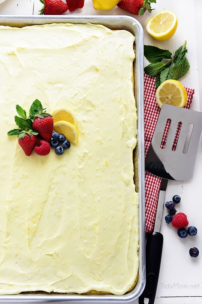 This no-fuss lemon sheet cake is super moist and makes a wonderful spring or summer dessert that easily feeds a crowd. It may not be a fancy cake, but each slice is pure lemon bliss! print full recipe at cetcu.com