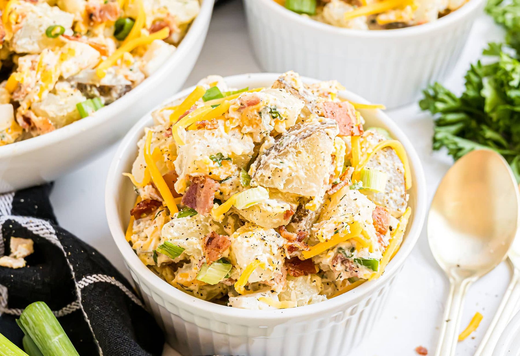 baked potato salad in ramekins