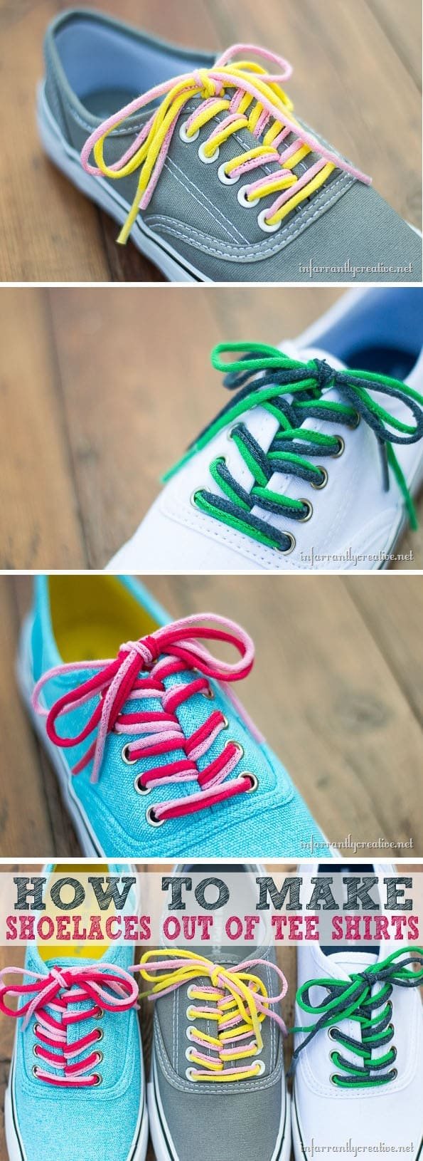 Learn to make shoelaces from t-shirt yarn at cetcu.com This is especially fun to show off school colors or to coordinate your shoelaces with a certain outfit.