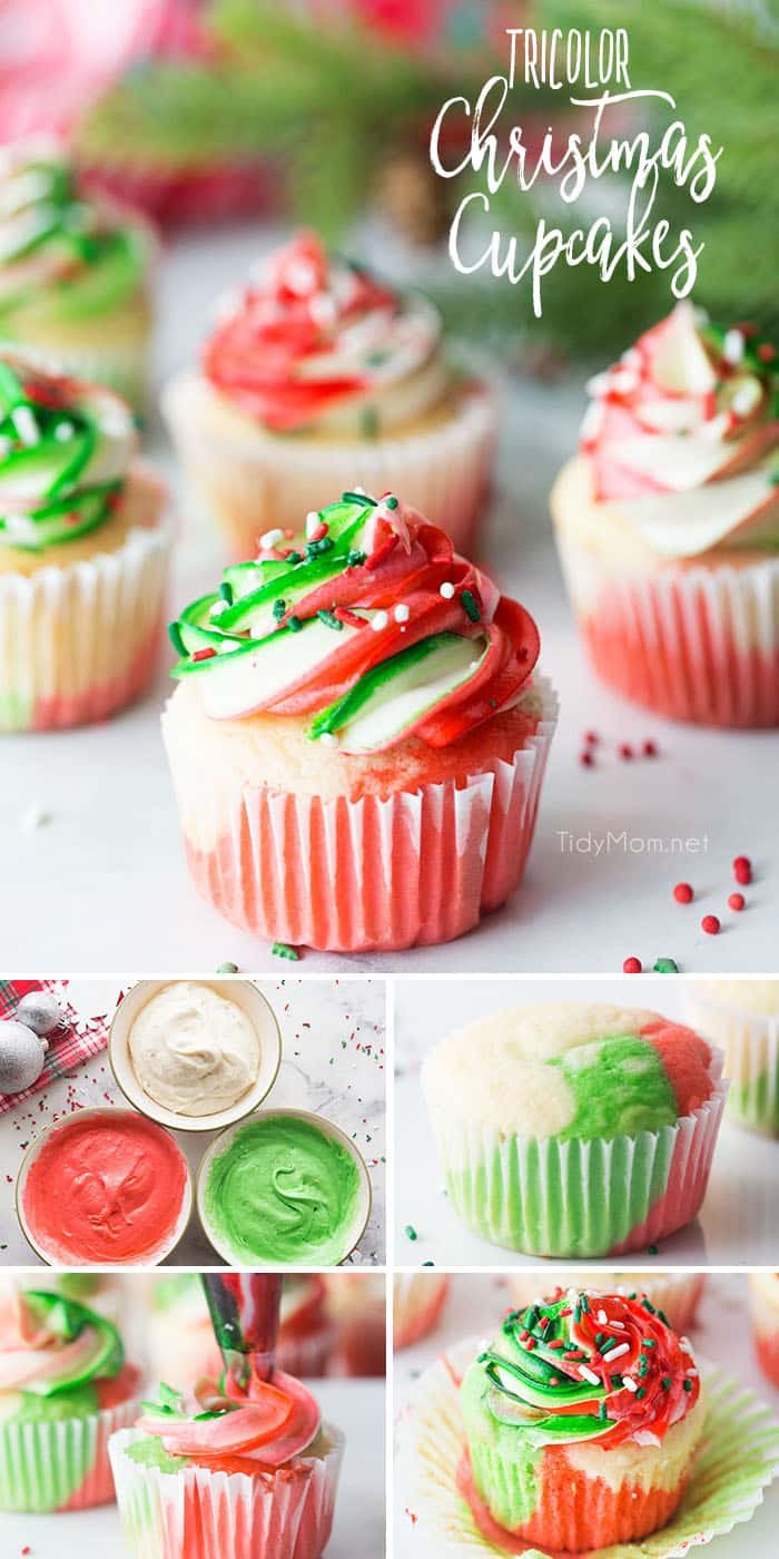 Very Merry Tricolor Christmas Cupcakes in red, green and white with a hint of peppermint! See how to make these fun colorful marble cupcakes and frosting at cetcu.com
