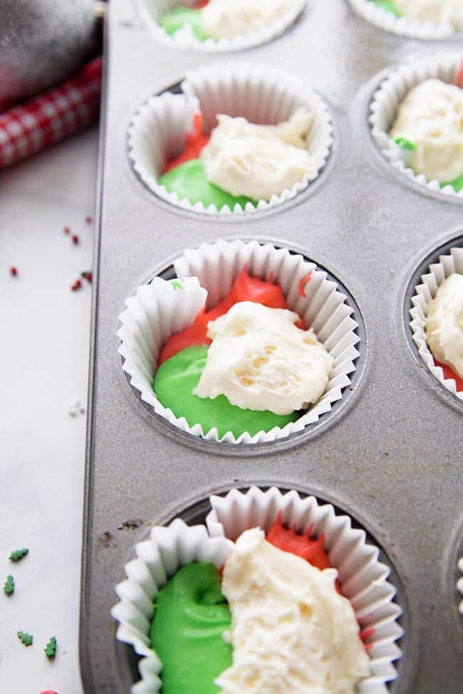 Tricolor Christmas Cupcake batter in pan