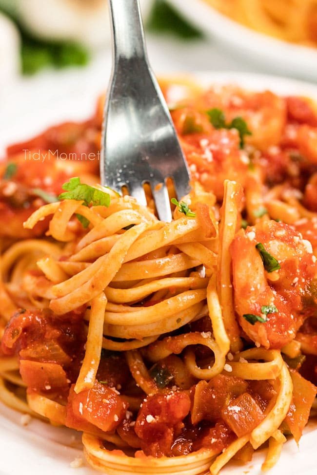 Mexican Shrimp Linguine twirled on a fork