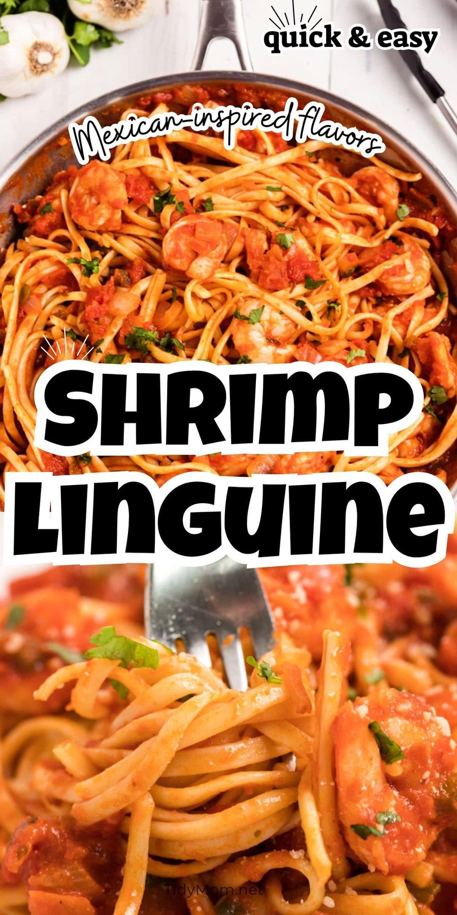 shrimp pasta in a pan and on a fork
