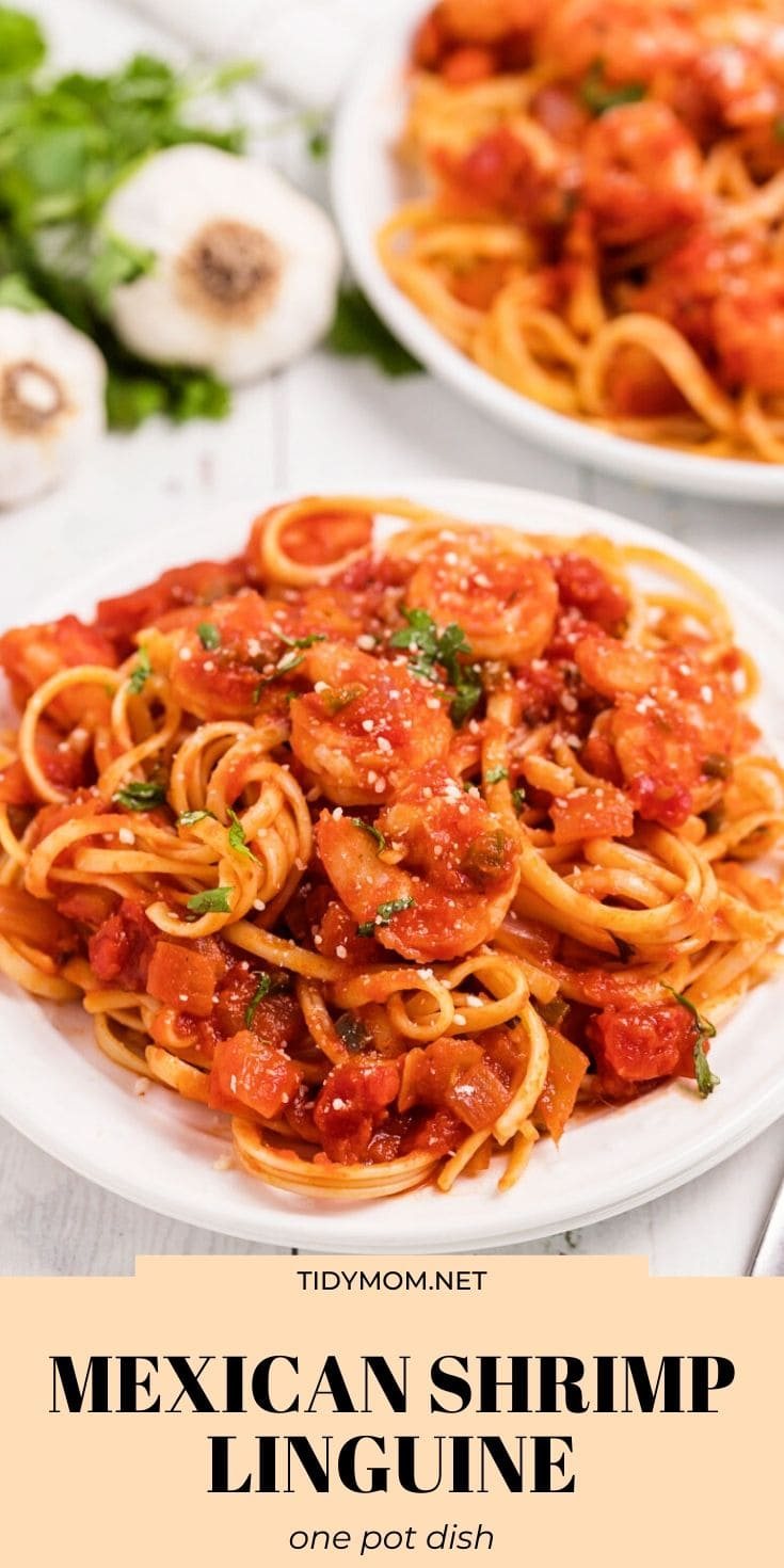 Mexican Shrimp Linguine on white plates