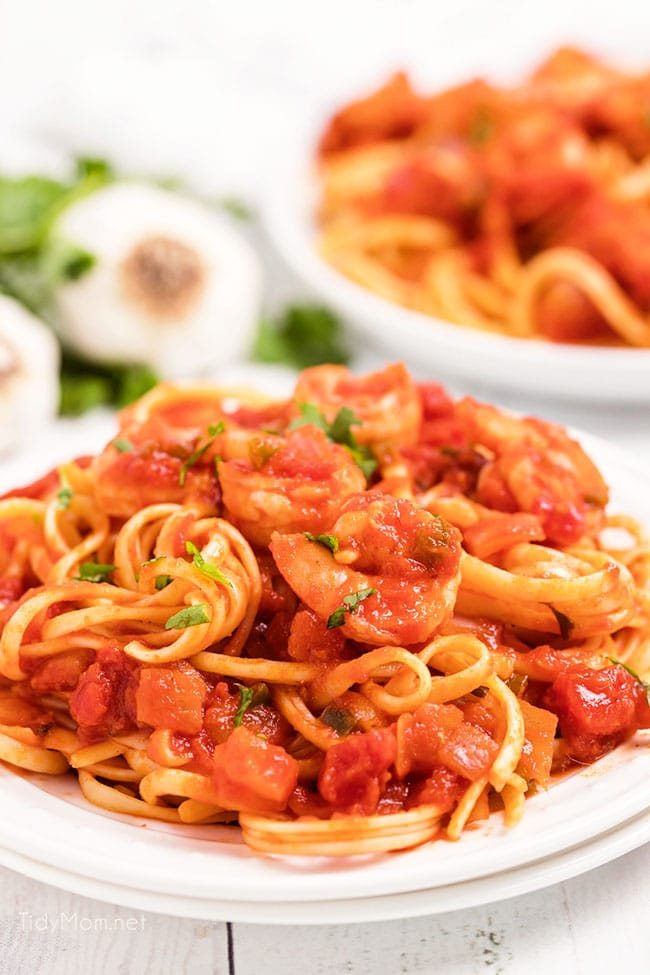 Mexican Shrimp Spaghetti on white plates