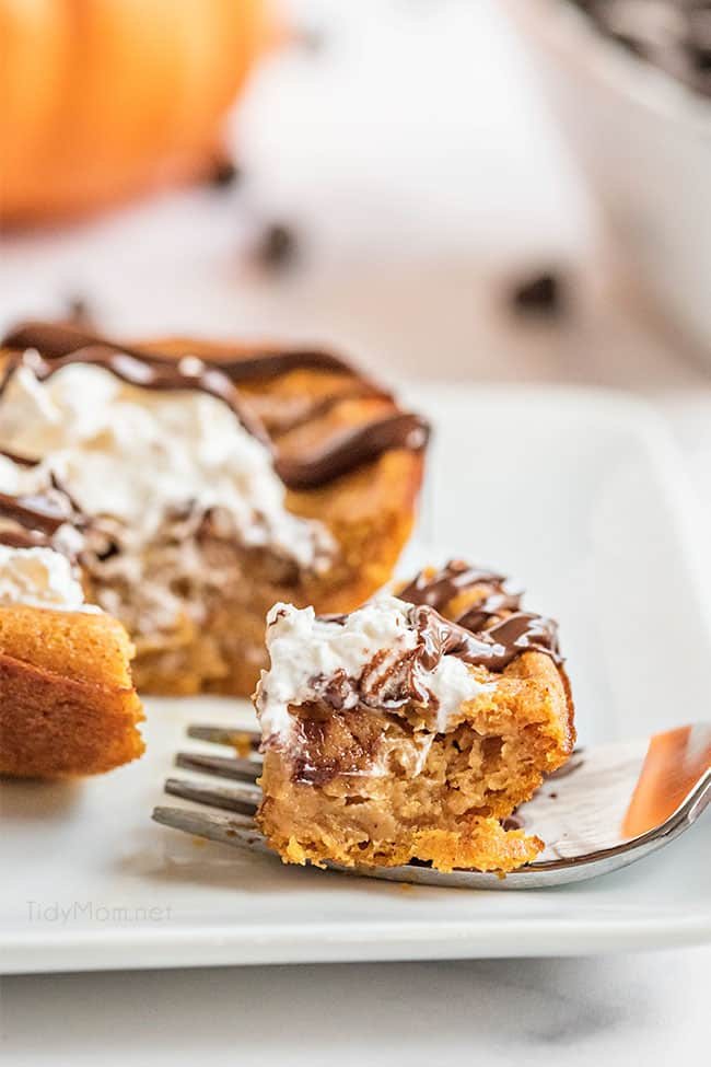 bite of a crustless pumpkin pie on a fork
