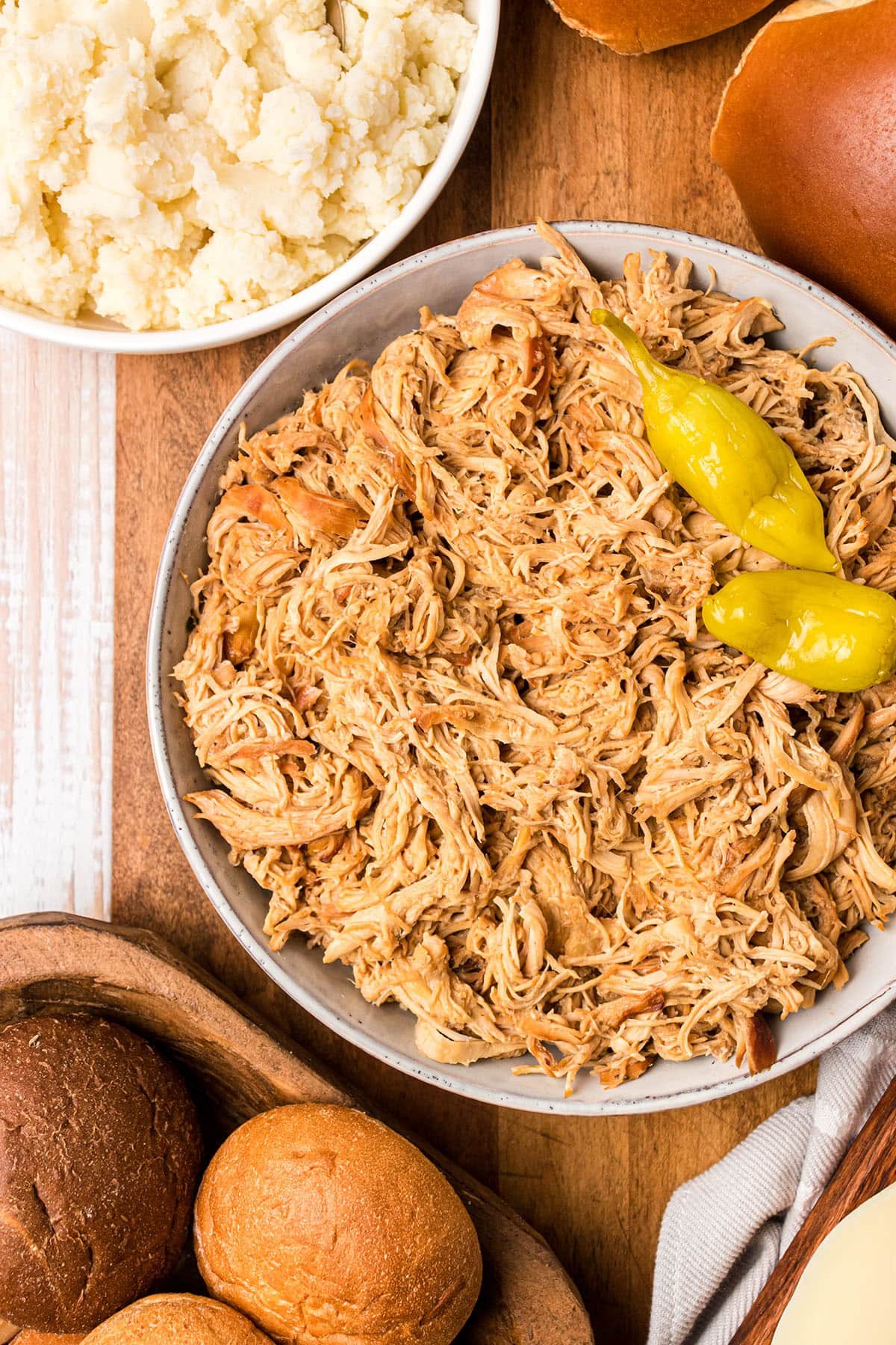 bowl full of slow cooker shredded chicken