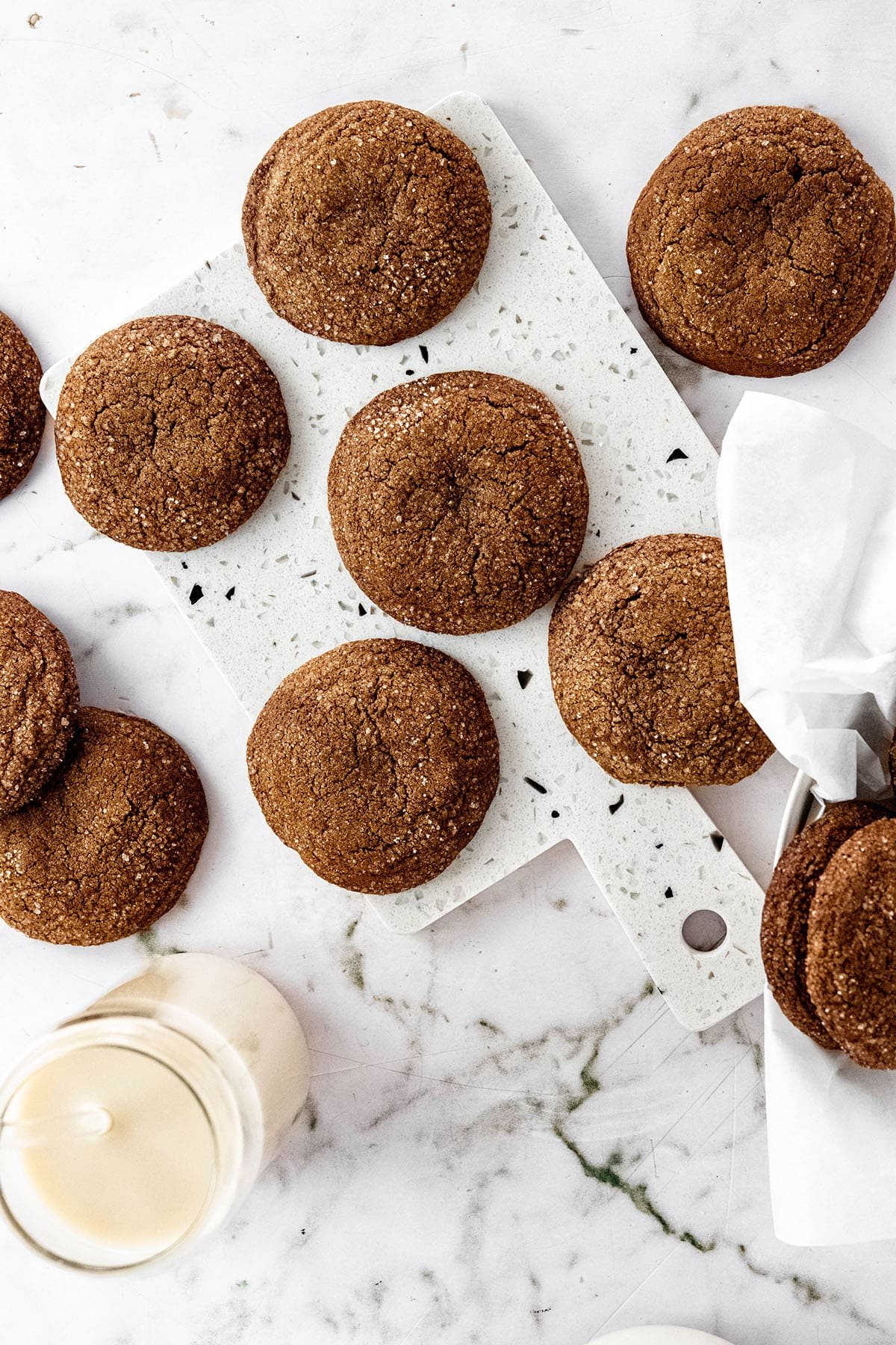 overhead shot of molasses cookies on a tray
