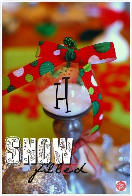 snow filled monogrammed ornament