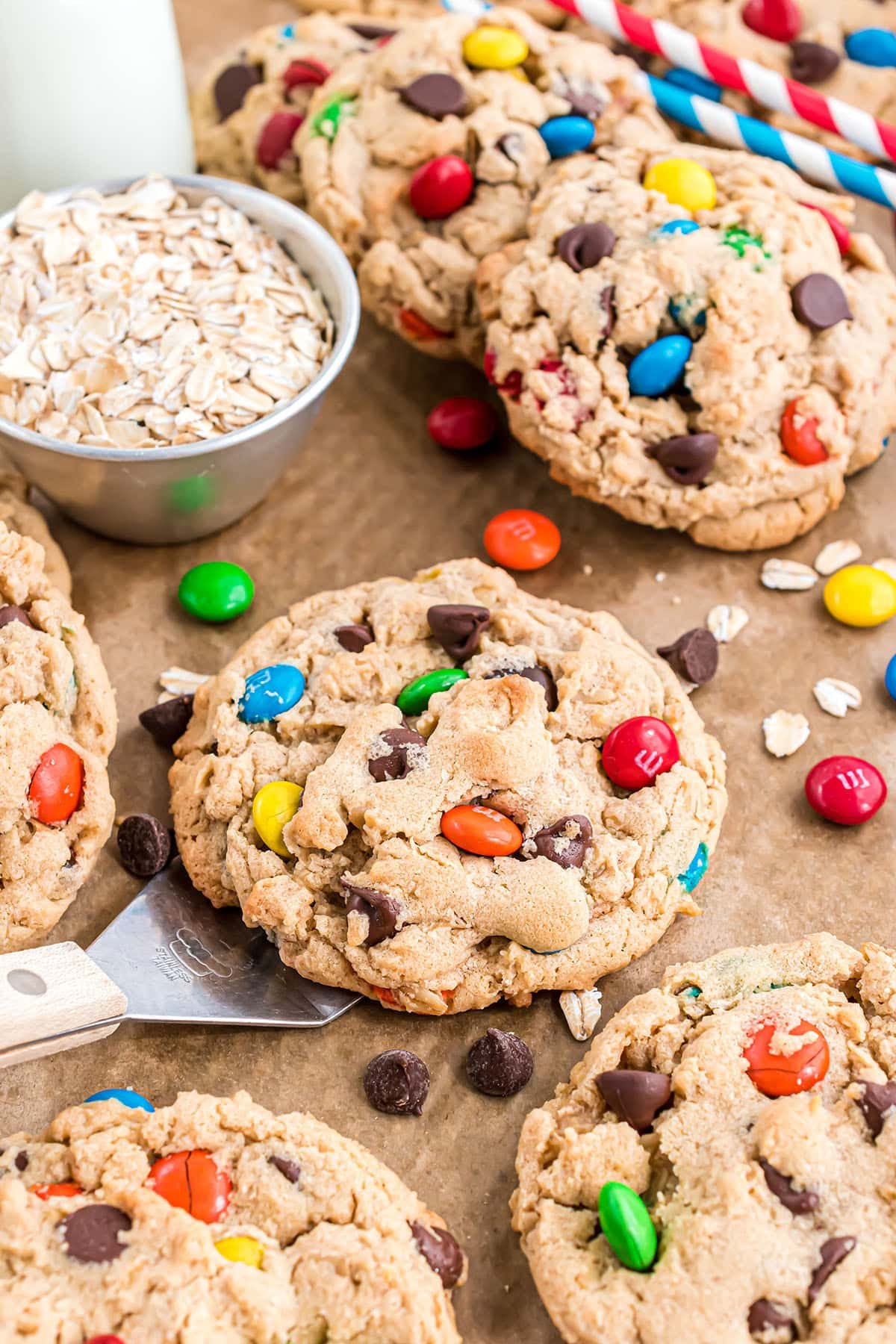 monster cookies with m&m's on a counter