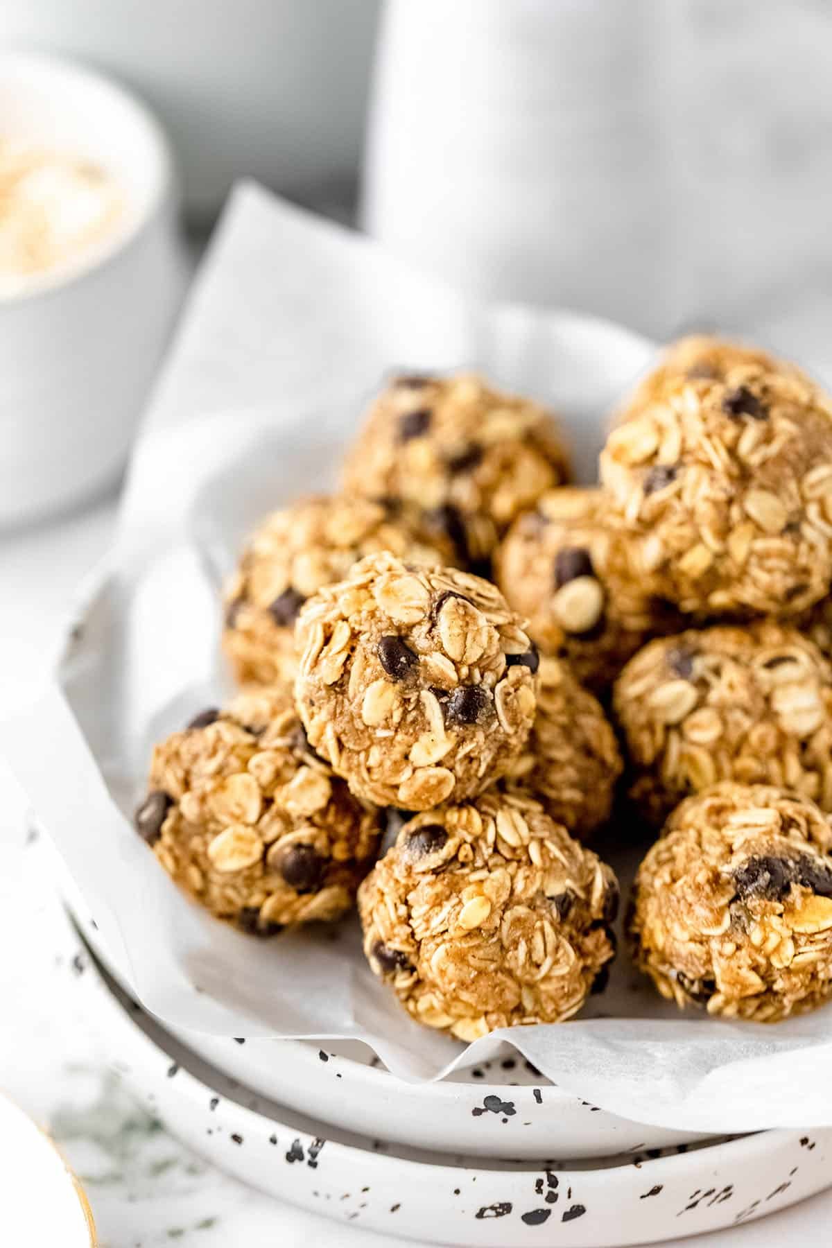 peanut butter protein balls in a bowl